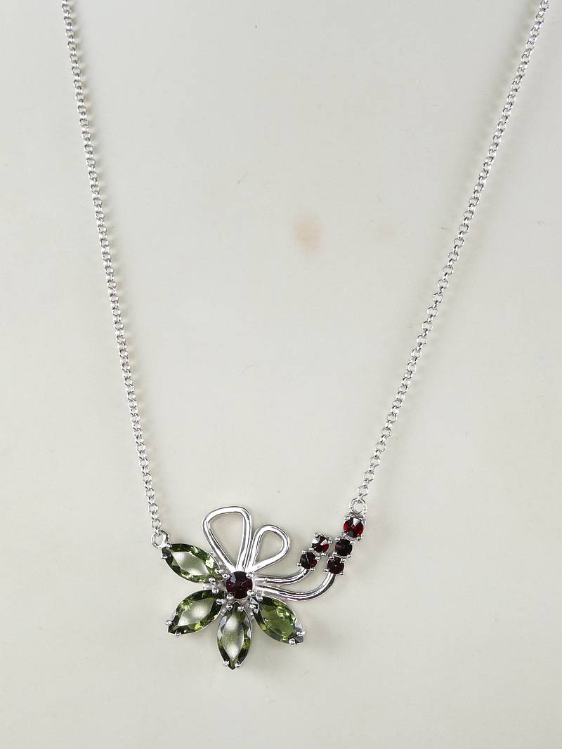 Faceted gem Moldavite with Garnet sterling silver necklace,j2_5411