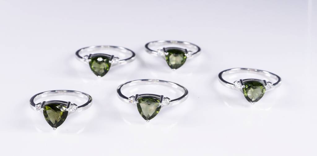 Faceted Moldavite Ring Sterling Silver 7mm Trillion Cut with Cubic