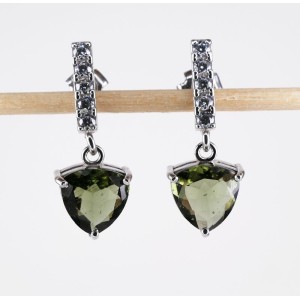 Faceted Moldavite Stud Earrings Sterling Silver 8 mm Trillion Cut with Cubic Zirconia (1pair) | PENDANT-WORLD.COM | Buy at $174.95