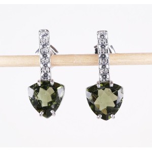 Faceted Moldavite Stud Earrings Sterling Silver 8 mm Trillion Cut with Cubic Zirconia (1pair) | PENDANT-WORLD.COM | Buy at $179.95