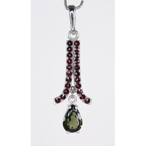 Faceted Moldavite Pendant Sterling Silver 7x11 mm Pear Cut with Garnets (1 pc) | PENDANT-WORLD.COM | Buy at $134.95