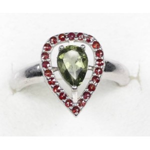 Faceted Moldavite Ring Sterling Silver 5x7 mm Pear Cut with Garnets,size 53 (US 6 1/2) | PENDANT-WORLD.COM | Buy at $129