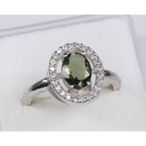 Faceted Moldavite Ring Sterling Silver 5x7 mm Oval Cut with Cubic Zirconia,size 55 (US 7 1/2) | PENDANT-WORLD.COM | Buy at $129