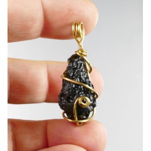 Tibetan Black Tektite Tear Drop Copper Gold Plated Wire Wrap Pendant,unique | PENDANT-WORLD.COM | Buy at $18.79